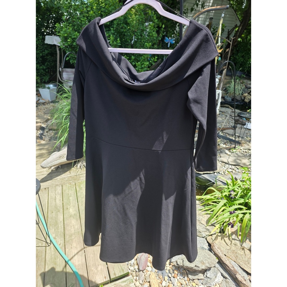 HM Black Off The Shoulder Draped Neck Skater Dress 3/4 Sleeve LBD Large